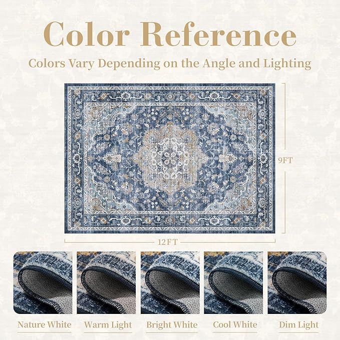 PADOOR-Vintage Area Rug 9X12 Rugs for Living Room-Soft Blue Rugs for Bedroom-Machine Washable Rug Non Slip Carpet-Rug for Dining Room Living Room Bedside Office
