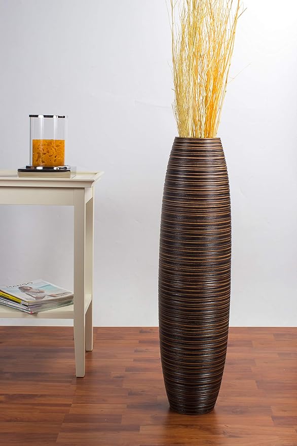 Leewadee Large Brown Home Decor Floor Vase – Wooden 26 inches Tall Farmhouse Decor Flower Holder for Fake Plant and Pampas Grass