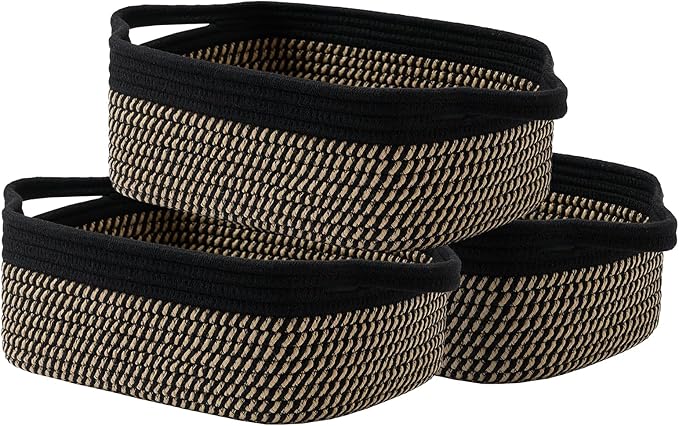 KALLAX Small Woven Basket, 12 x 8 x 4.5 Inches, Small Storage Baskets for Organizing, Gift Baskets Empty, Cute Rope Shelf Closet Storage Bins for Shelves, Dog Toy Basket, Black & Brown