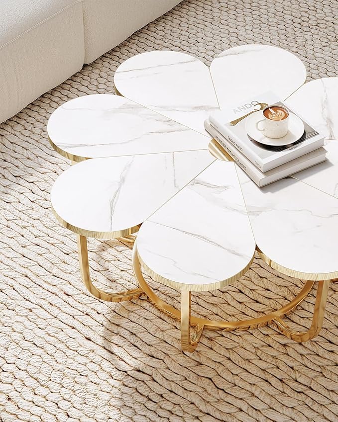 LITTLE TREE 39.37-Inch White and Gold Coffee Table, Modern Flower-Shaped Center Table with Faux Marble Top & Metal Frame, Floral Accent Coffee Table for Living Room, Bedroom, Lounge