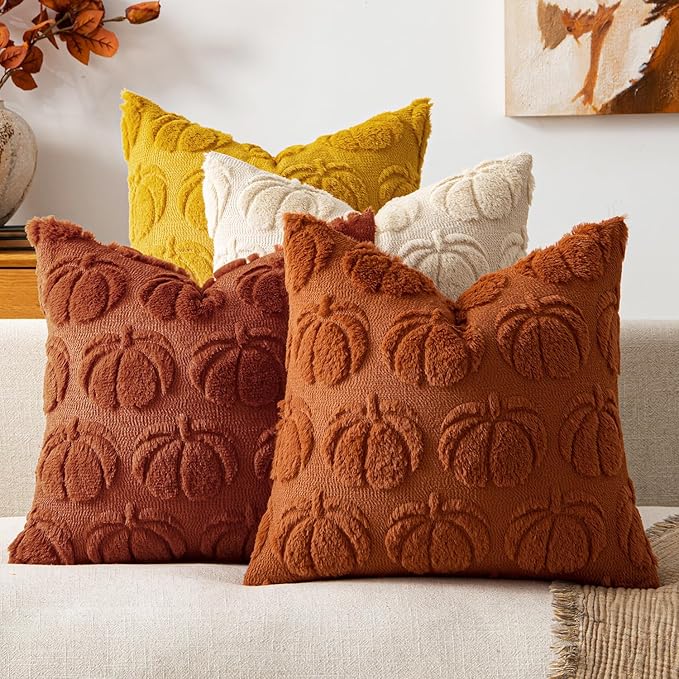 MIULEE Fall Pumpkin Pillow Covers 18x18 Inch Set of 4 - Soft Cozy Plush Decorative Pillows with Embroidered Pumpkin Pattern Autumn Halloween Holiday Decor for Sofa Couch Bed Living Room,Rust-Yellow