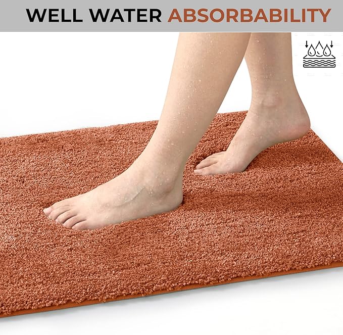 YHF Bathroom Rugs 24" X 47", Extra Thick & Soft Microfiber Shaggy, Machine Washable Bath Mats, Absorbent Bath Rugs, Non-Slip Rubber Backing Bath Mat for Bathroom Floor, Tub and Shower, Rust