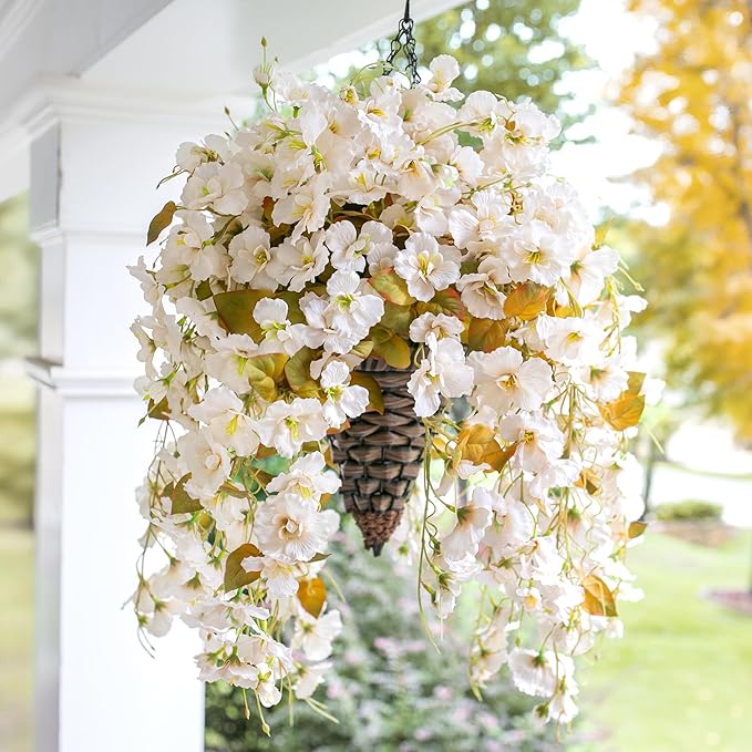Ivydale Artificial Fall Hanging Flowers with Basket for Outdoors, Fake Hibiscus Vines Faux Hanging Plants UV Resistant Realistic Silk Flowers for Outside Planters Home Patio Porch Balcony, Fall White