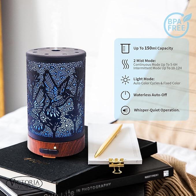 Essential Oil Diffuser - Multifunction Aromatherapy Diffuser 7 LED Color Changing Light 150ML Metal Diffuser Easy to Clean Suitable for Home,Office (Hummingbird)