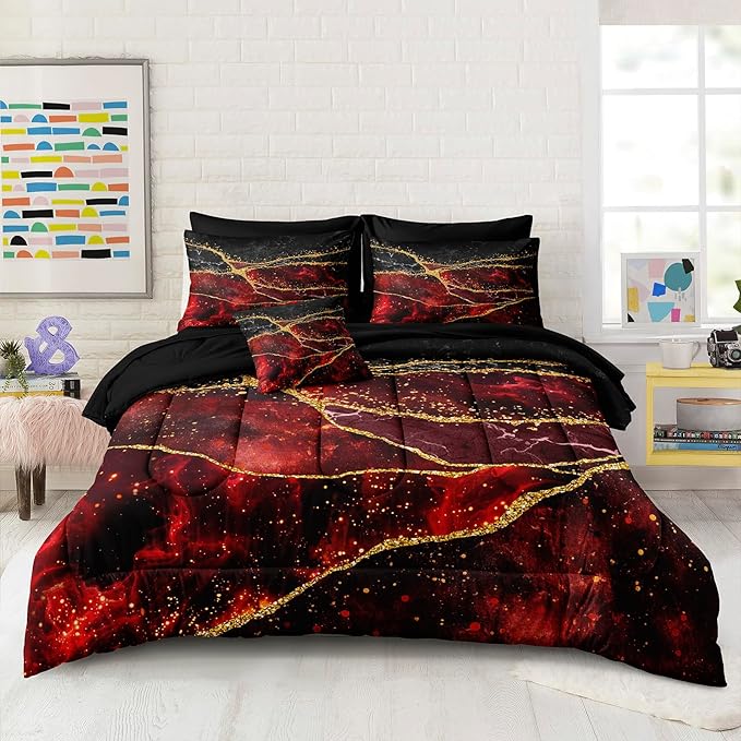 Bedorm Red Marble Comforter Set 6 Pcs Twin Size Bedding Set in A Bag Black Gold Marble Stone Texture Abstract Room Decor