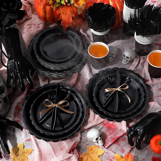 350 Pcs Black Plates and Napkins, 50 Guest Halloween Party Supplies Include Scalloped Paper Plate Napkin Cups Plastic Spoons Forks Knives Disposable Tableware Set for Halloween Day of the Dead