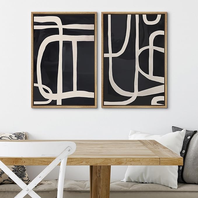 SIGNWIN Framed Canvas Print Wall Art Modern Graphic Black and White Curved Line Patterns Illustrations Modern Art Decorative Contemporary for Living Room, Bedroom, Office - 16"x24"x2 Natural