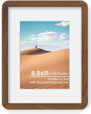 8.5x11 Round Corner Picture Frame, Solid Oak Wood Frame Matted For 6x8 With Plexiglass, Hanging Hardware Included For Tabletop Or Wall Display Frame, Walnut, 1 Pack