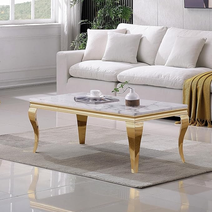 SSLine Rectangular Faux Marble Coffee Table for Living Room Modern Luxury White Marble Center Table with Gold Curved Legs 46.8" Mid-Century Cocktail Table with Mirrored Stainless Steel Frame