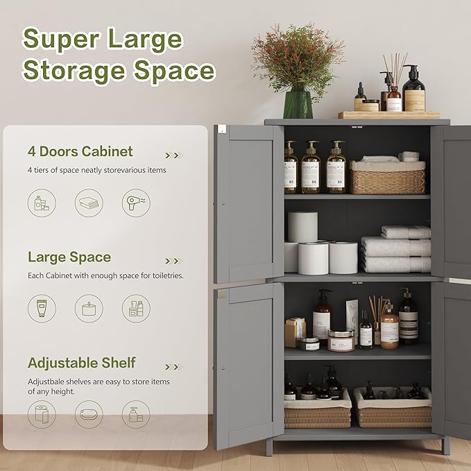Nuturelly Bathroom Floor Storage Cabinet, Freestanding Pantry Cabinets with 4 Doors & 3 Adjustable Heights, Bathroom Organizers and Storage with Top Board & Metal Handles for Kitchen, Grey