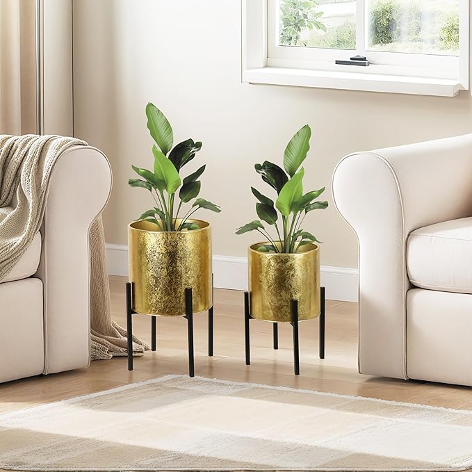 ARNIS Modern Plant Pots, Set of 2 Large Planters with Stand, Decorative Planters, Metal Pots with Drainage Holes for Living Room, Office, Garden or Balcony, 10.5 &12.55 Inch, Gold