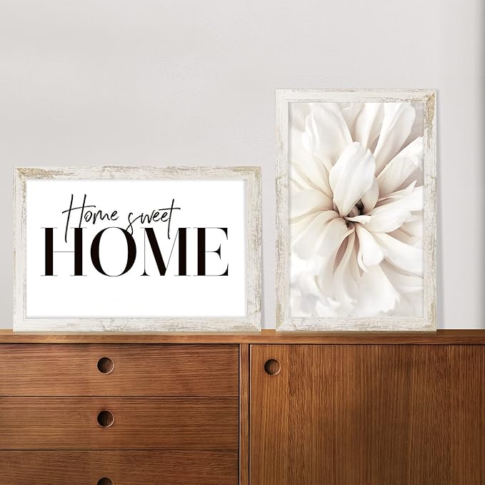 11x17 Frame Set of 2, Distressed White Wood Style - Display 11 x 17 Poster without Mat or 8x12 Picture with Mat, Wall Mounting Horizontal and Vertical