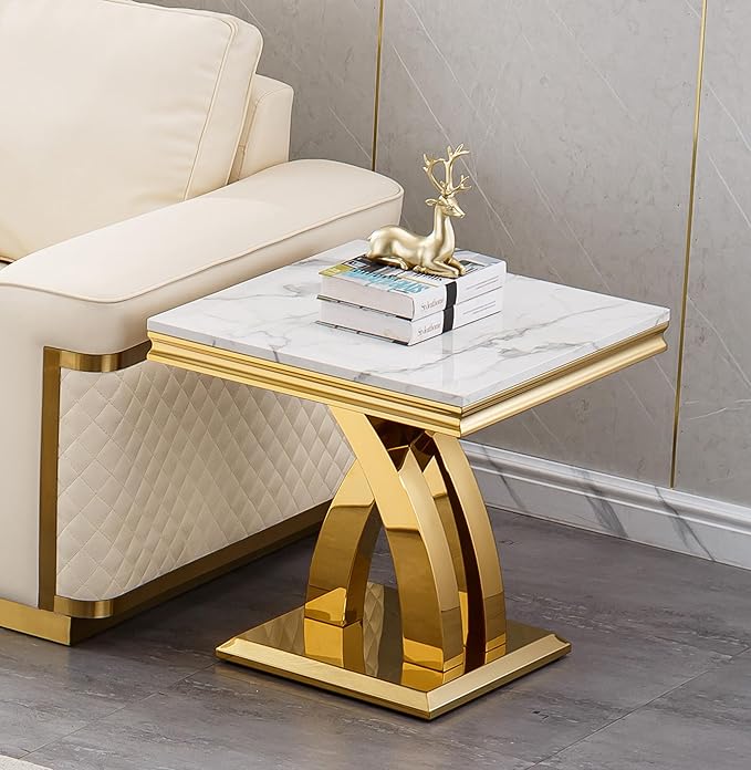 SSLine Modern White Faux Marble End Table Luxury Square Sofa Side Table with Gold Pedestal Base Mid-Century Elegant Bedside Table w/Mirrored Stainless Steel Frame for Living Room Bedroom