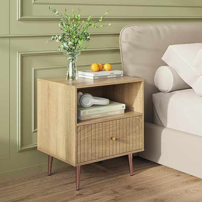 Wood Night Stand Set 2,Modern Bedside Table with Door and Open Storage,Fluted Nightstand and Wood End Side Table with Rose Gold Metal Legs and Handles for Bedroom,Living Room,Natural