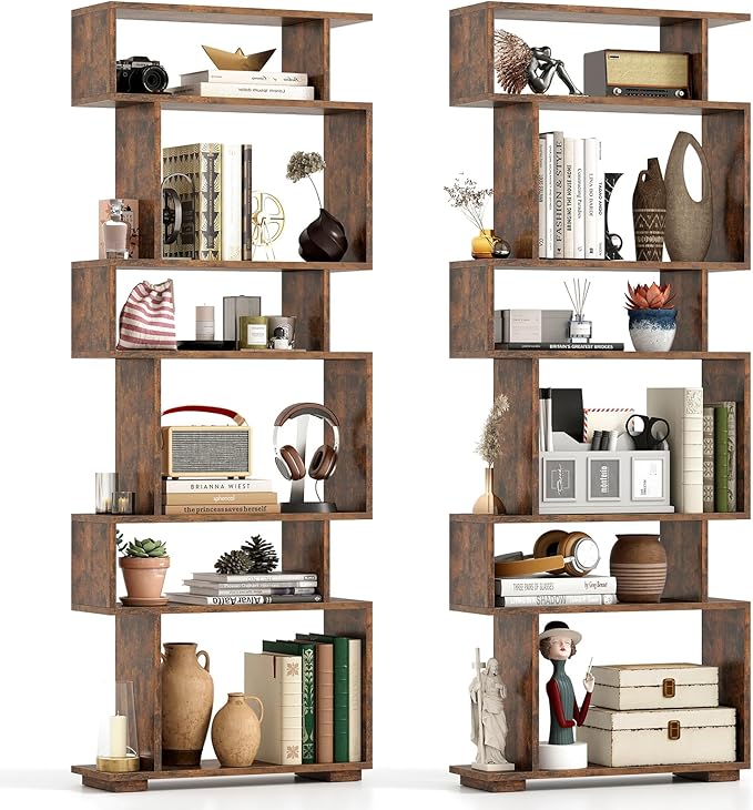 Tangkula 6-Tier S-Shaped Bookshelf, 64" Freestanding Geometric Bookcase, Home Office Wood Storage Shelf with Anti-Toppling Device, Room Divider Display Rack for Study, Living Room (2, Rustic Brown)