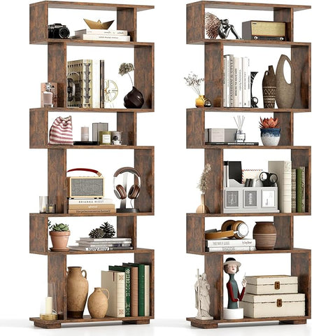 Tangkula 6-Tier S-Shaped Bookshelf, 64" Freestanding Geometric Bookcase, Home Office Wood Storage Shelf with Anti-Toppling Device, Room Divider Display Rack for Study, Living Room (2, Rustic Brown)