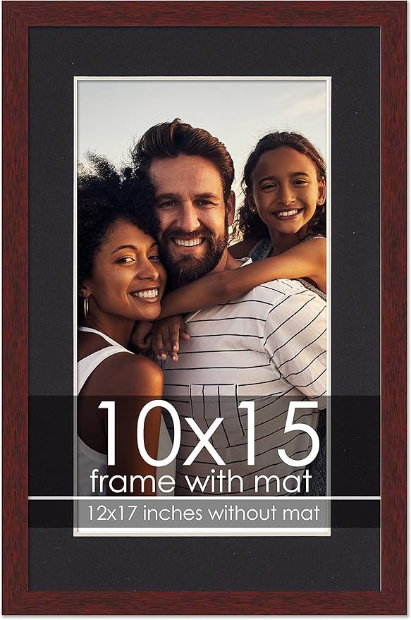 10x15 Frame with Mat - Brown 12x17 Frame Wood Made to Display Print or Poster Measuring 10 x 15 Inches with Black Photo Mat