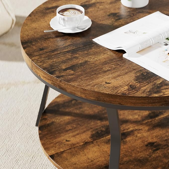 Round Coffee Tables for Living Room, Circle Wood Coffee Table, 2 Tier Industrial Modern Center Table with Thickened Tabletop and Metal Frame, 31.5 inch (Rustic Brown)