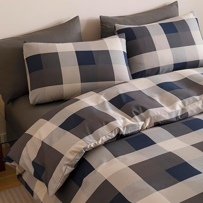 CLOTHKNOW Buffalo Plaid Twin/Twin XL Comforter Set 3Pcs Gingham Bedding Comforter Sets Blue Grey Khaki Brown Beige Geometric Comforter Twin Sets