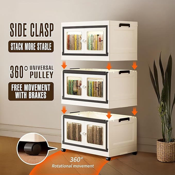 Stackable Storage Bins with Lids, Folding Storage box with Doors and Wheels, Collapsible Plastic Storage Bins for Closets, Stackable Storage Organizer, Storage Containers (Transparent, 3-Tier)