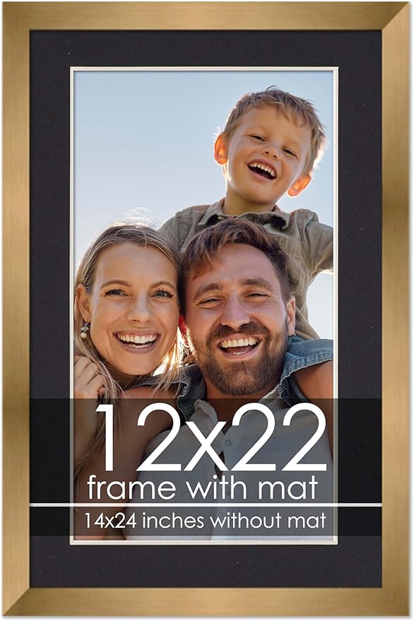 12x22 Frame with Mat - Bronze 14x24 Frame Wood Made to Display Print or Poster Measuring 12 x 22 Inches with Black Photo Mat