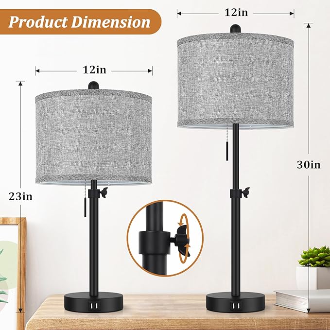 Table Lamps for Bedroom Set of 2, 23''-30'' Adjustable Height Bedside Lamps with 2 USB Ports, Black Nightstand Lamps with Grey Linen Shade, Modern Stylish Living Room Lamp Set with Pull Chain