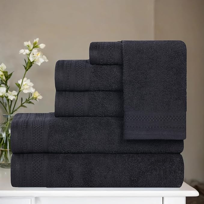 Superior Honeycomb Cotton Medium Weight Towels, for Guest Bath, Master Bathroom, Shower, Quick Dry, Adults, Home Essentials, Textured Waffle Border, Assorted Towel Set, 6 Piece Towel Set, Black