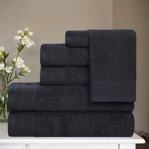 Superior Honeycomb Cotton Medium Weight Towels, for Guest Bath, Master Bathroom, Shower, Quick Dry, Adults, Home Essentials, Textured Waffle Border, Assorted Towel Set, 6 Piece Towel Set, Black