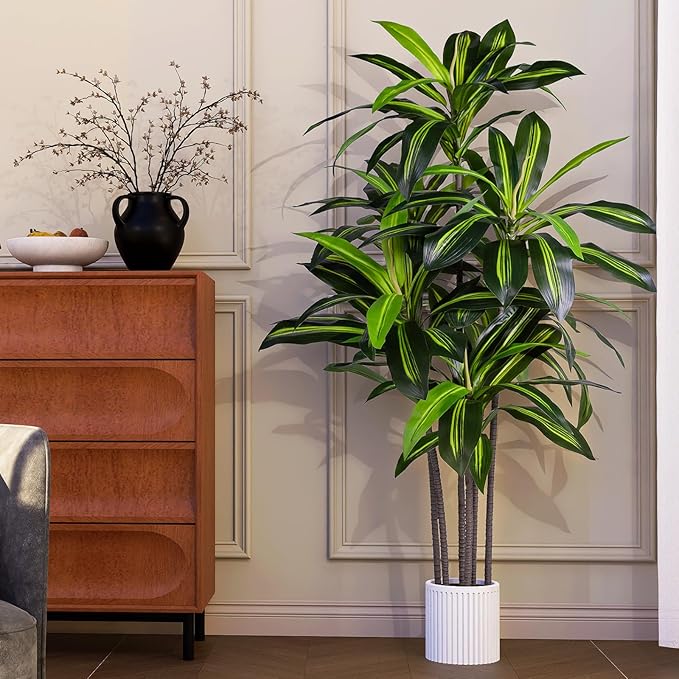 Artificial Dracaena Tree Indoor, 5FT Tall Faux Tree with Natural Wood Trunk and Lifelike Leaves, Tall Artificial Plants Indoor, Fake Plants for Home, Office, Living Room Decor