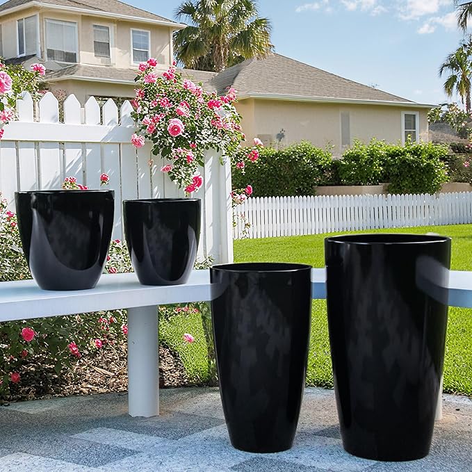 ZMTECH 24/21/12/10" H Large Plastic Planters with Drainage Hole and Saucer -Set of 4 Tall Plant Pots for Indoor & Outdoor Use,Black Glossy Smooth Lightweight Flower Pot for Front Porch Patio Deck