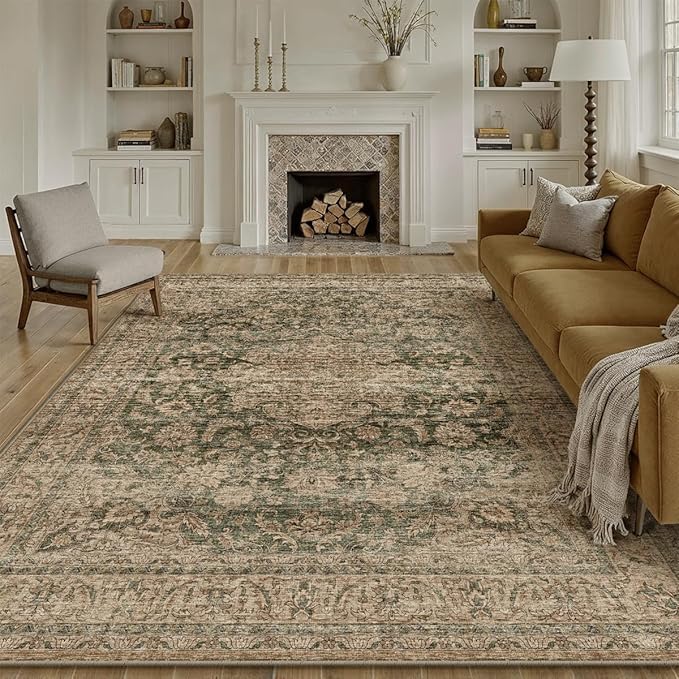 10x14 Green Vintage Area Rug for Living Room Bedroom Large Traditional Low Pile Soft Carpet Non-Slip Thin Retro Distressed Accent Washable Throw Rug for Dining Room Office Kitchen Indoor