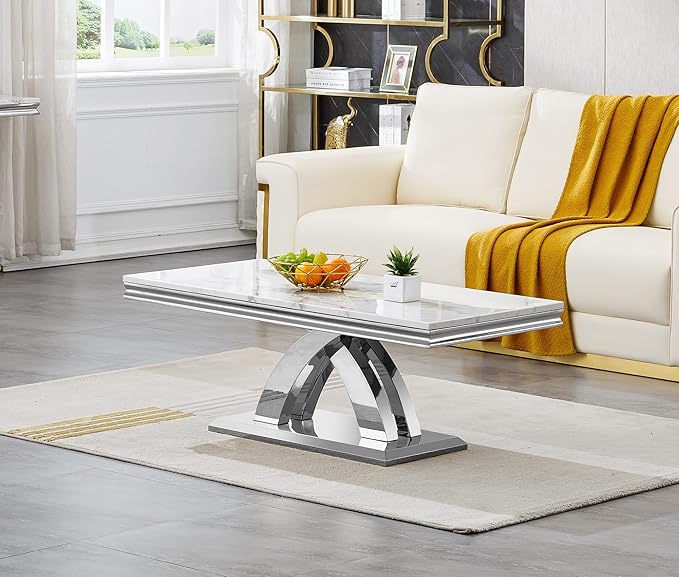 SSLine Rectangular Faux Marble Coffee Table for Living Room Modern Luxury White Marble Center Table with Silver Pedestal Base 46.8" Mid-Century Cocktail Table with Mirrored Stainless Steel Frame