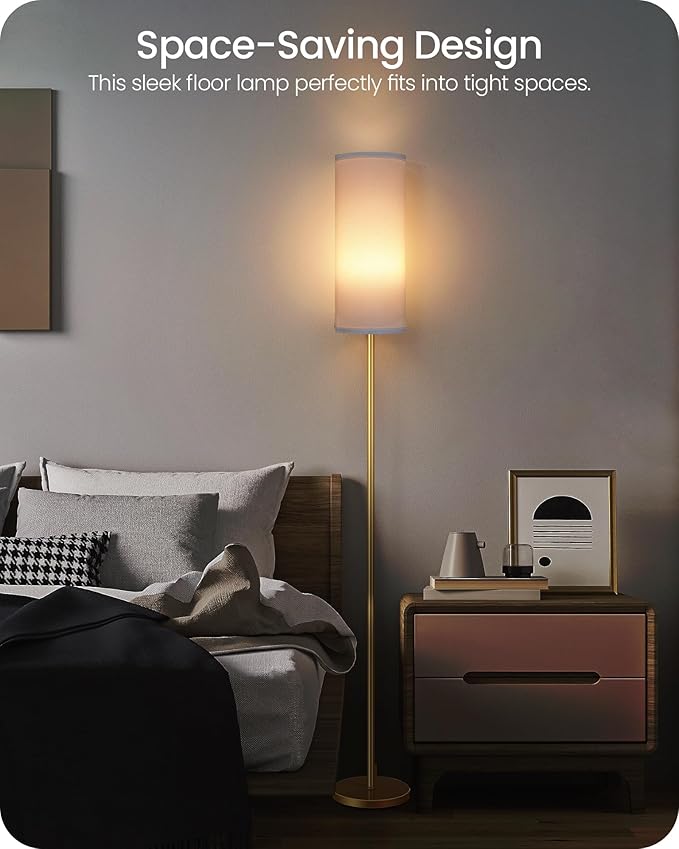 Dimmable Floor Lamp for Living Room with Remote and Foot Switch, Corner Floor Lamp, 66'' Standing Tall Lamp, 10W 900LM LED Bulb Included, 3000K-6500K, Linen Shade, Gold White, FCC Listed DCW06LD05W1