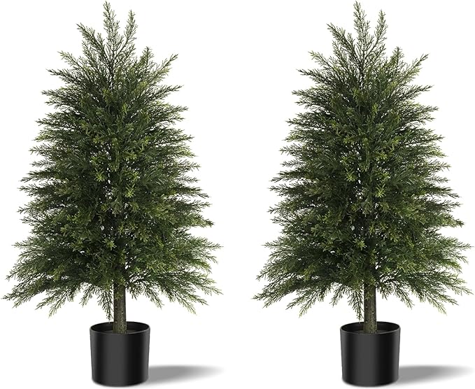 3FT Artificial Cedar Trees Set of 2, Realistic Faux Evergreen Topiary Bushes Plants, Outdoor Potted Fake Cypress Shrubs for Front Porch Garden Home Living Room Decor