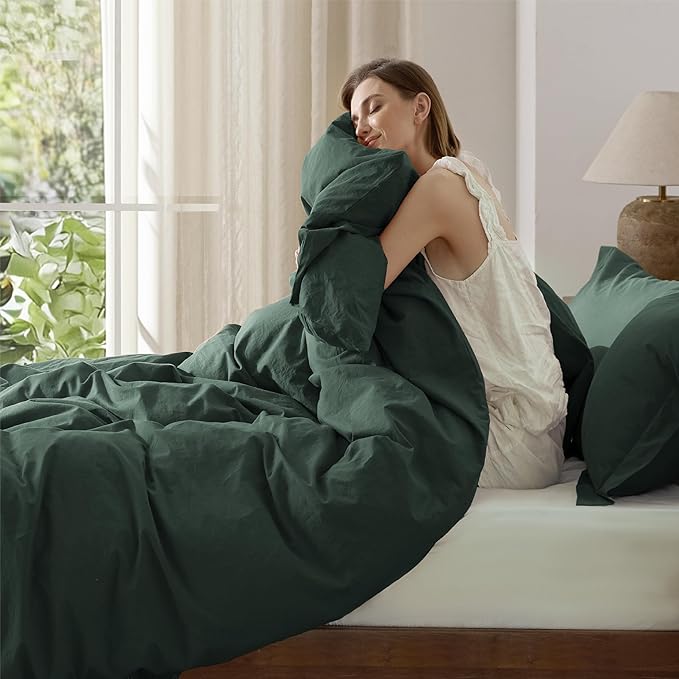 Bedsure 100% Washed Cotton Duvet Cover Queen Size - Forest Green Minimalist Cotton Duvet Cover Linen Like for All Seasons - GentleSoft™ Plain Simple Bedding, 3 Pieces (Forest Green, Queen, 90"x90")