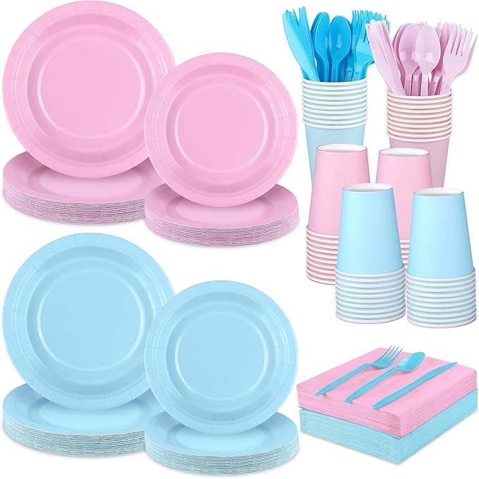 durony 216 Pieces Baby Gender Reveal Party Tableware Set Serves 24 Guests Pink Blue Paper Plates Boy or Girl Gender Reveal Plates Napkins Paper Cup Cutlery for 1st Birthday and Baby Shower Decorations