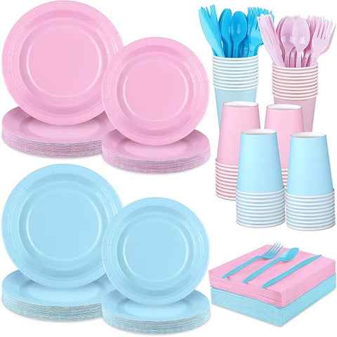 durony 216 Pieces Baby Gender Reveal Party Tableware Set Serves 24 Guests Pink Blue Paper Plates Boy or Girl Gender Reveal Plates Napkins Paper Cup Cutlery for 1st Birthday and Baby Shower Decorations