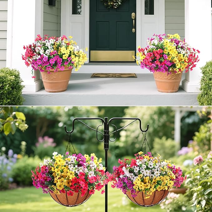 2 Set Outdoor Artificial Hanging Baskets, 32 Pcs Artificial Flowers Hanging Planters for Spring Summer Front Porch Patio Yard Garden Home Decor (Purple, Yellow, Hot Pink, Creamy White)