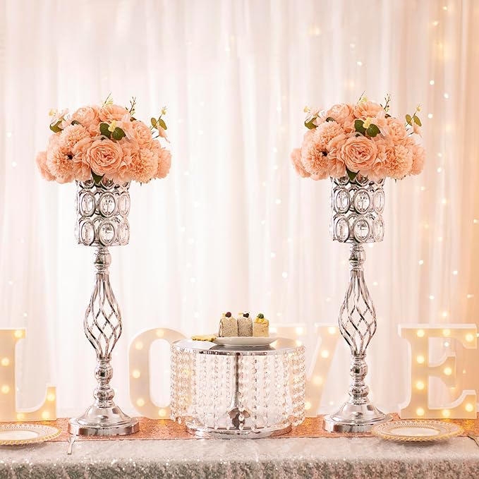 24in Wedding Centerpieces for Tables, 2pcs Silver Metal Diamond Crystal Wedding Flower Stand Centerpiece Vases for Table Decorations Reception Party Home Decor