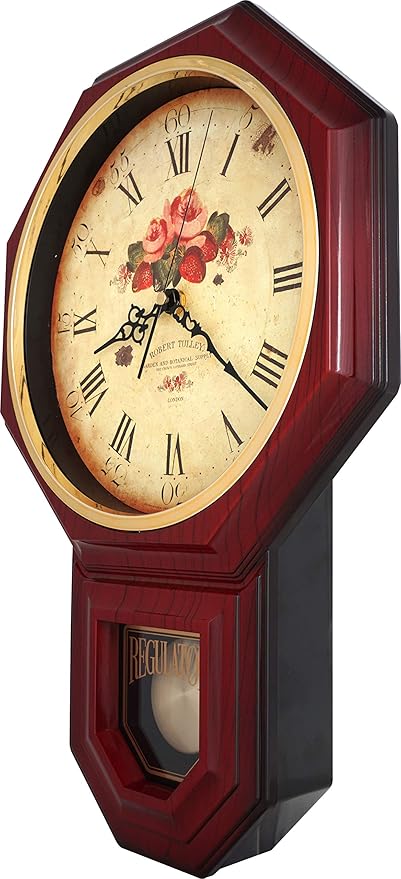 JUSTIME Traditional Schoolhouse Classic Vintage Rose Regulator Wall Clock, Chiming Wall Clocks with Pendulum & Westminster Chime Hourly, Schoolhouse Wall Decor Battery Operated (Red Mahogany)