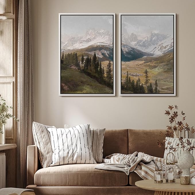 MUDECOR Framed Canvas Print Wall Art Alpine Meadow and Mountain Range Rustic Cabin Nature Nature Wilderness Illustrations Realism Decorative Scenic for Living Room, Bedroom, Office - 16"x24"x2 White