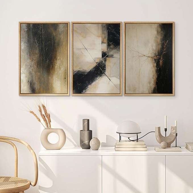 SIGNWIN Framed Canvas Print Wall Art Set Black and Gold Abstract Modern Geometric Illustrations Modern Art Decorative Rustic Calm/Zen for Living Room, Bedroom, Office - 24"x36"x3 NATURAL