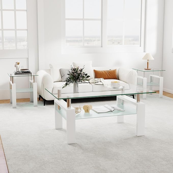 IANIYA 3 Piece Living Room Table Set, Modern Tempered Glass Coffee Table Set, Glass Coffee Table Black Metal Frame End Table for Living Room Apartment Small Space, White