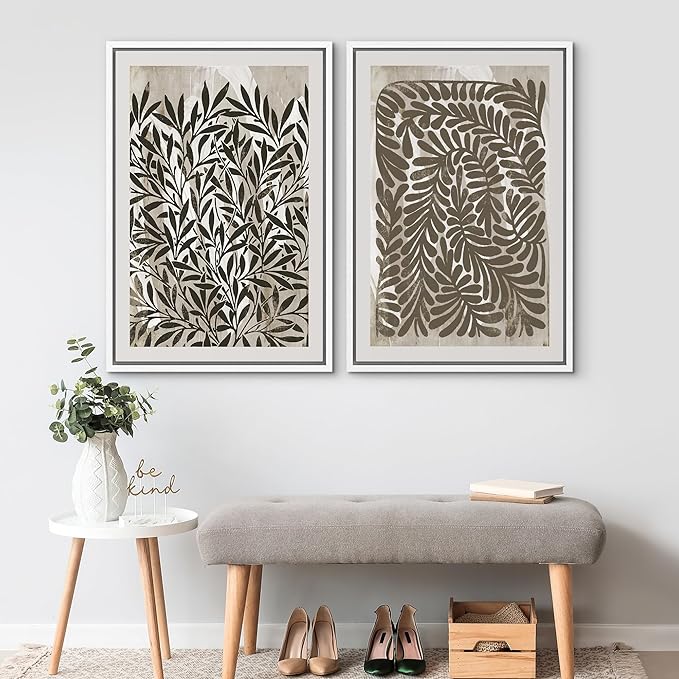 SIGNWIN Framed Canvas Print Wall Art Modern Botanical Abstract Black and Beige Leaf Illustrations Decorative for Living Room, Bedroom, Office - 24"x36"x2 White
