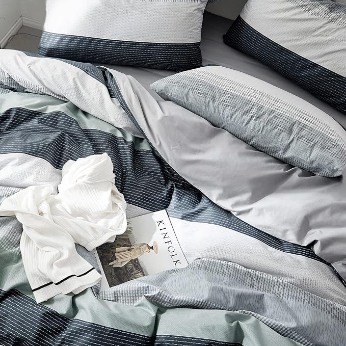 VM VOUGEMARKET Stripes Duvet Cover Set Twin,Blue Green Striped Duvet Cover with 2 Pillowcases for Teens,100% Cotton Modern Cozy Comforter Cover with Zipper Closure & Corner Ties 68"x90"(3pcs,Twin XL)