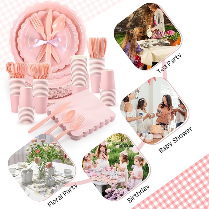 350 Pcs Light Pink Plates and Napkins, 50 Guest Spring Party Supplies Include Scalloped Paper Plates Napkins Cups Plastic Spoons Forks Knives Disposable Tableware Set for Baby Shower