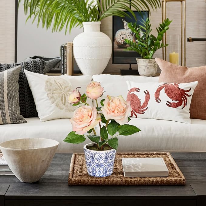 Hollyone Light Pink Roses Artificial Flowers in Blue and White Porcelain Vase 13.4" Fake Roses Flower Arrangement Artificial Plants & Flowers Potted Faux Silk Rose Flower with Ceramic Pot Home Decor