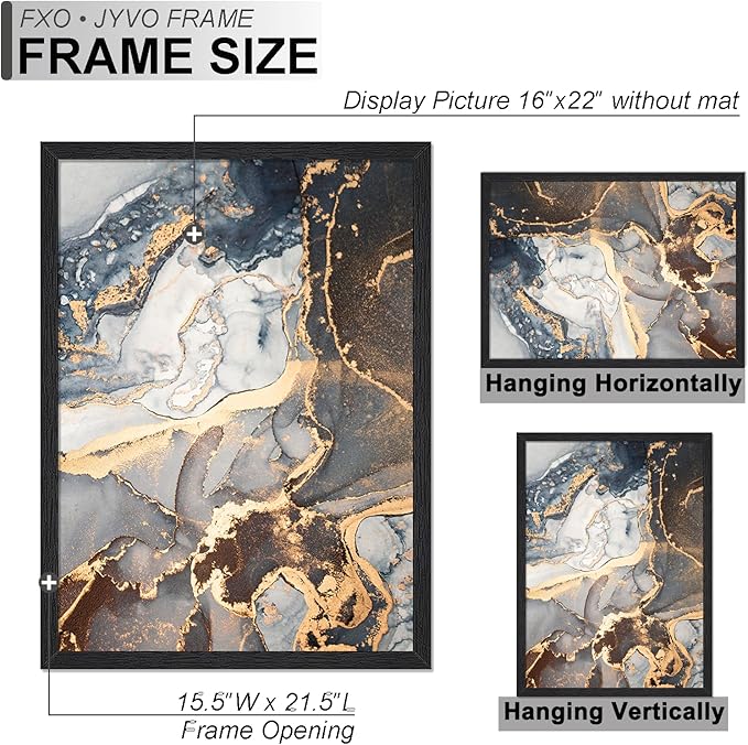 Engineered Wood 16x22 Picture Frame Set of 3, Black Frame for 16 x 22 Inch Picture Poster Photo, Light Weight 16 by 22 Frame with Wood-grain for Wall - 3 Pack/Black/16 x22