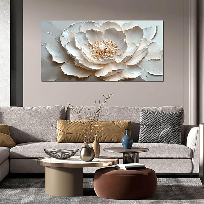 White Flower Canvas Wall Art for Bedroom - Floral Pictures Wall Art for Living Room - Girls Room Decor Ready to Hang Size 24" x 48"
