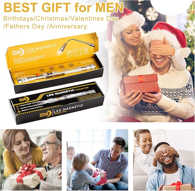 Magnetic Pickup Tool Gifts for Men, Telescoping Magnet Flashlight, Gifts Idea & Gifts for Him, Mechanic, Tech, Handyman, Boyfriend, Birthday Gifts for Dad, Husband, Father, Black, Silver